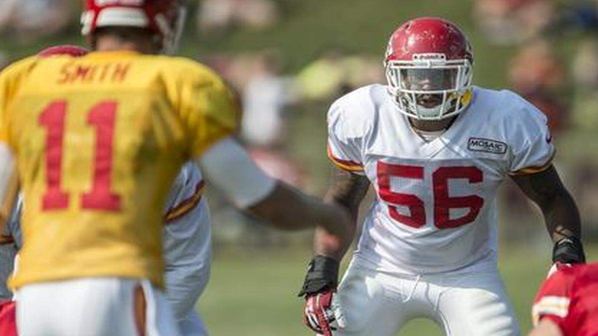 
Kansas City Chiefs linebacker Derrick Johnson (56) is first on the team’s depth chart at right inside linebacker. Alex Smith (11) is the No. 1 quarterback.


