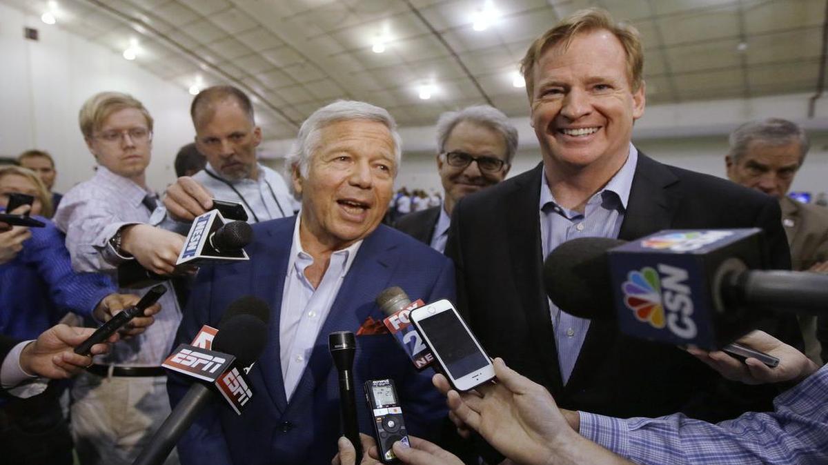 
In this May 29, 2014, photo, NFL Commissioner Roger Goodell (right) and New England Patriots owner Robert Kraft addressed members of the media during a football safety clinic for mothers at the team's facilities in Foxborough, Mass. Kraft and Goodell have worked closely, but that alliance was strained with the league’s punishment of quarterback Tom Brady and his team in the “Deflategate” scandal. 
