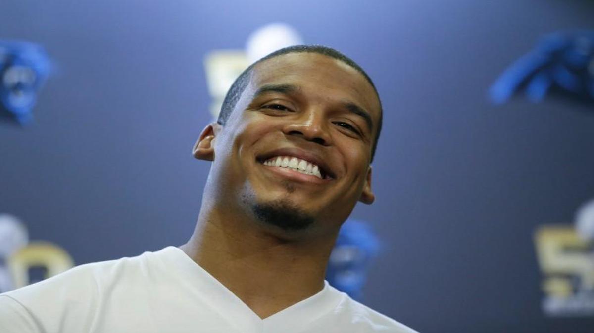 Panthers quarterback Cam Newton answers questions Tuesday during a press conference in San Jose, Calif.