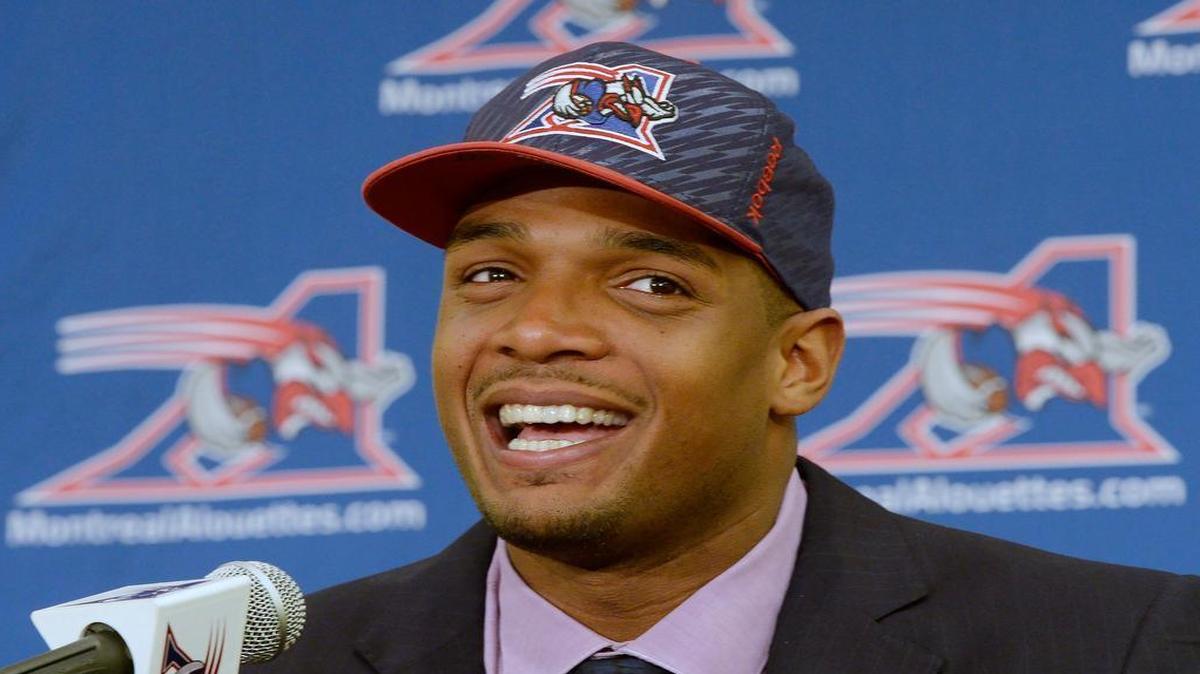 
In this May 26, 2015, file photo, newly signed Montreal Alouettes defensive end Michael Sam smiled at a news conference in Montreal. Sam has left the Alouettes’ training camp for personal reasons. The team says the rookie defensive end has been given special permission to return home to Texas.
