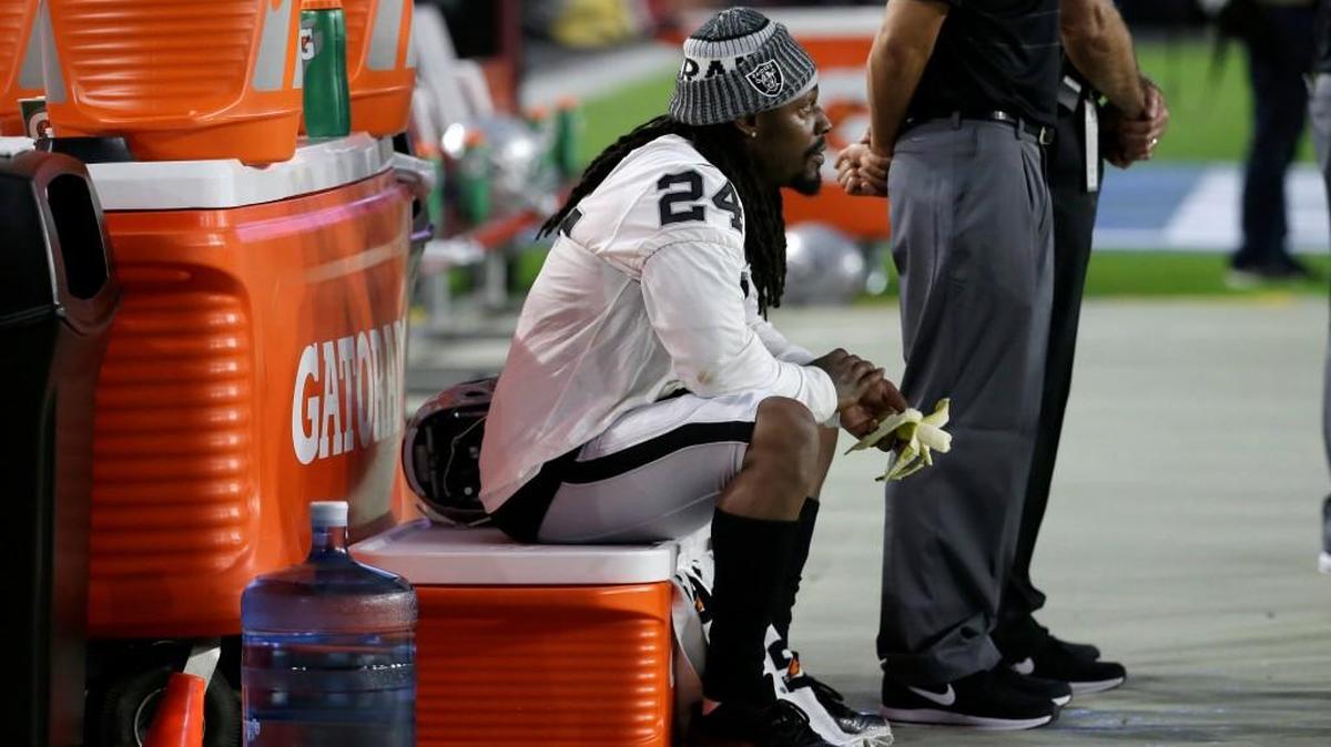 Oakland Raiders running back Marshawn Lynch sat during the national anthem prior to an NFL preseason football game against the Arizona Cardinals on Saturday in Glendale, Ariz.