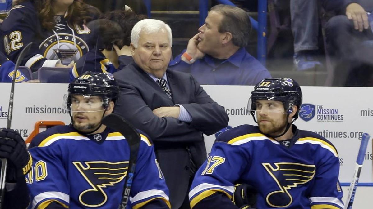 In this May 17, 2016 file photo, St. Louis Blues head coach Ken Hitchcock watches during the second period in Game 2 of the NHL’s Western Conference finals.