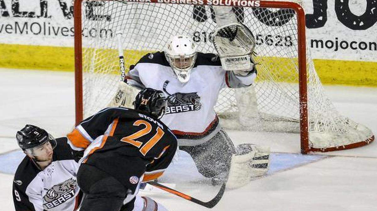 
Mavericks forward Brett Stovin (center), who scored a goal Tuesday night, sent a shot toward the Brampton goalie in Missouri’s final home game of the season at the Independence Events Center.
