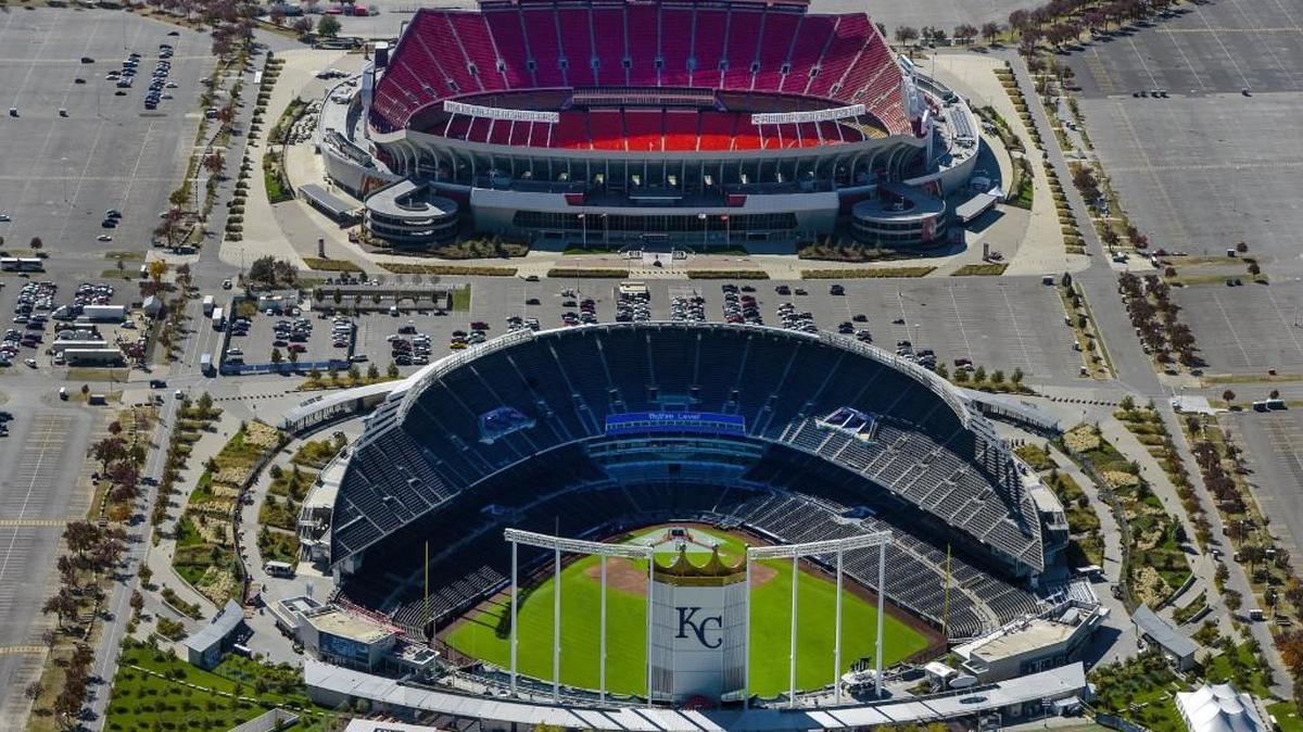 An aerial view of Kauffman and Arrowhead stadiums at the Truman Sports Complex in Kansas City.