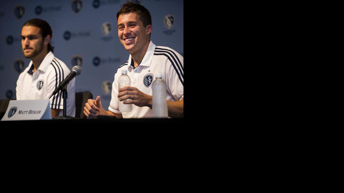
Matt Besler and Graham Zusi speak to the press before the Sporting Kansas City vs the Chicago Fire game in Kansas City, Kansas, at Sporting Park on Sunday, July 6, 2014. 
