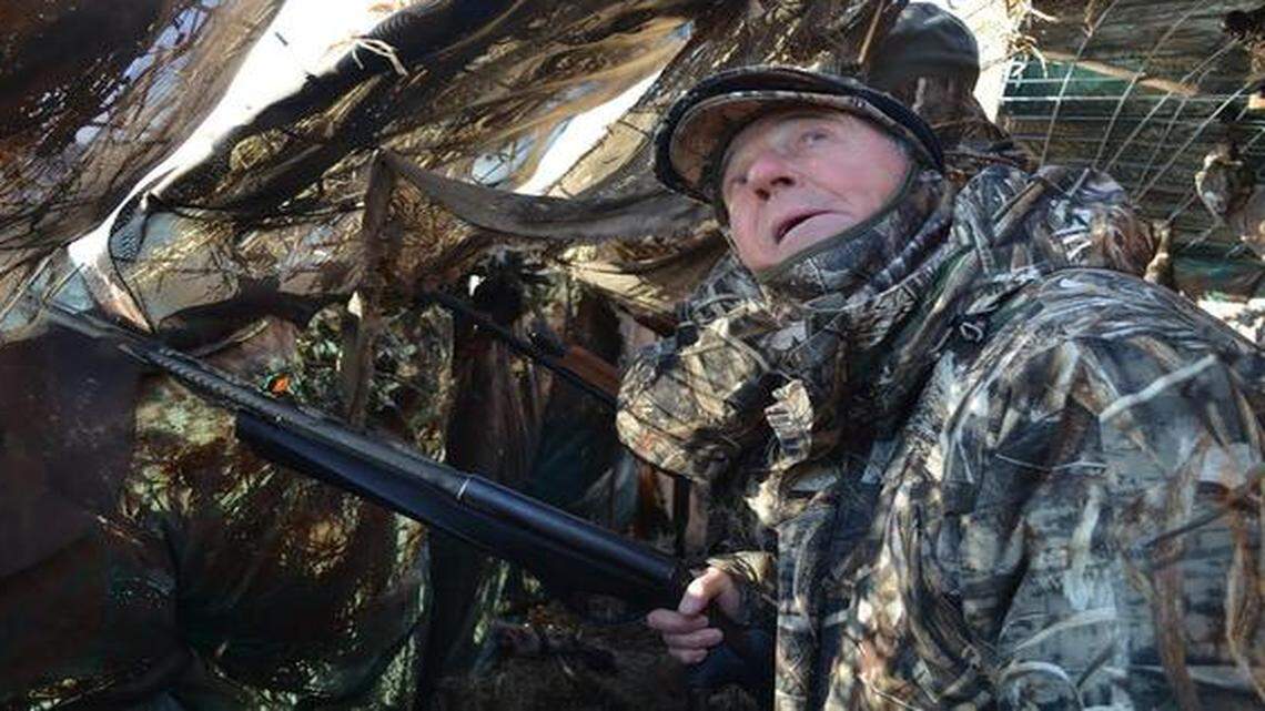 Valentino Reichert of Brazil craned his neck to keep track of mallards circling overhead as he hunted from a blind at Smithville Lake. Reichert was hunting American ducks for the first time. He was part of a group who came to America to hunt with outfitter Dan Guyer, who runs the Iron Duck operation.