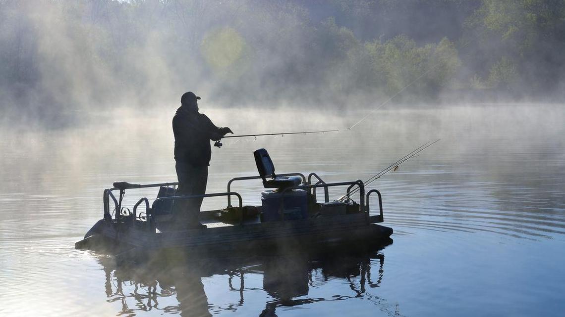 Joey Bisogno cast for bass in the early-morning fog on one of the lakes that is part of the Timber Hills Lake Ranch fishing and hunting operation his dad owns in southeast Kansas.