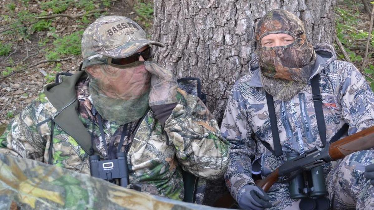 Roland Martin (left) and his guide, Kenny Bammes, called for turkeys during a recent hunt near Leonardville, Kan.