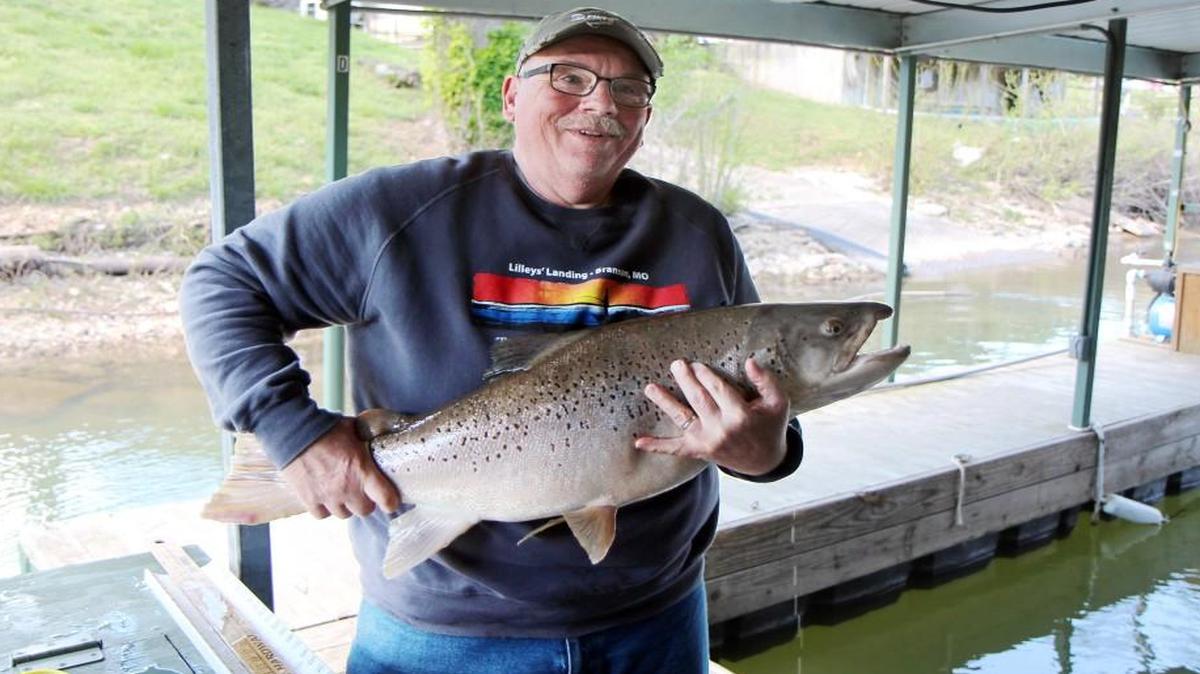 Vic Eldred of St. Cloud, Minn., displayed the 20.56-pound brown trout he caught at Lake Taneycomo.