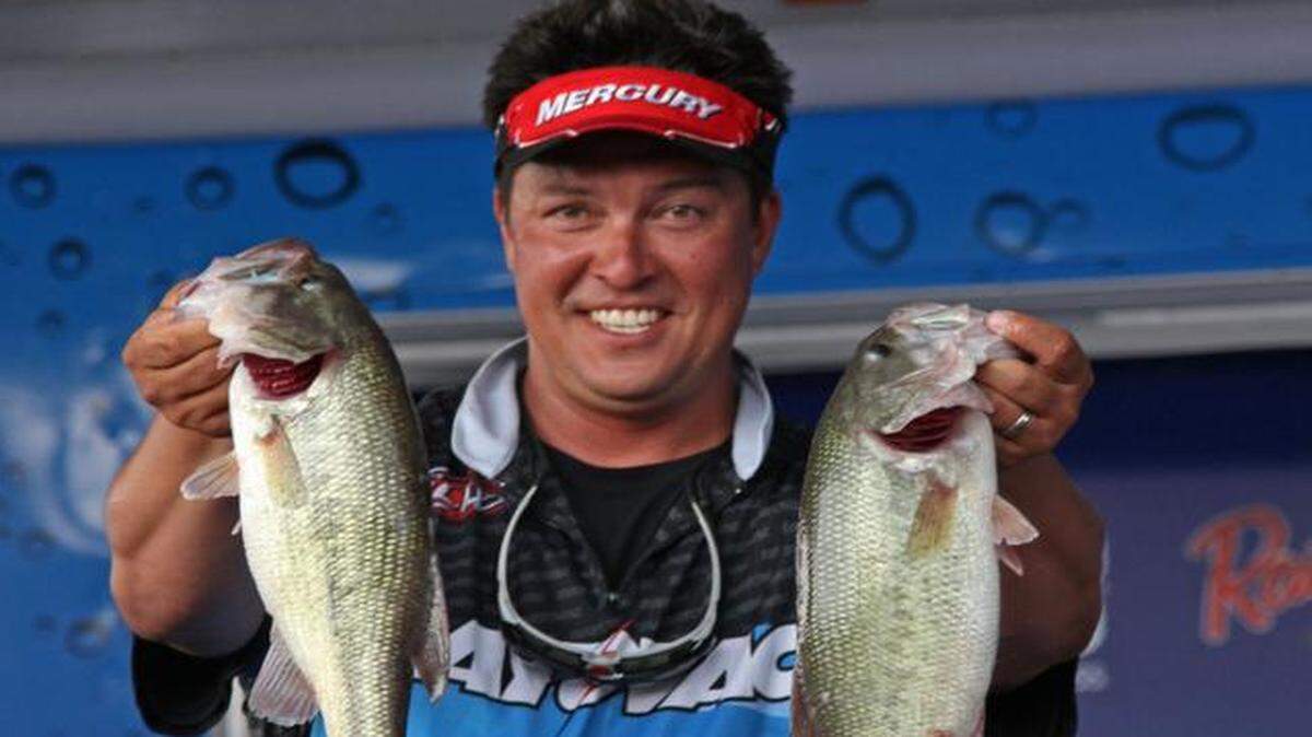 
Marcus Sykora of Osage Beach, Mo., displayed two of the bass that helped him win the Walmart BFL All-American tournament last weekend at Wilson Lake in Alabama.
