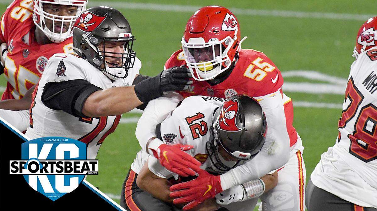 Tampa Bay Buccaneers quarterback Tom Brady is sacked by Kansas City Chiefs defensive end Frank Clark during the first quarter Sunday, February 7, 2021, at Super Bowl LV at Raymond James Stadium in Tampa, Florida.