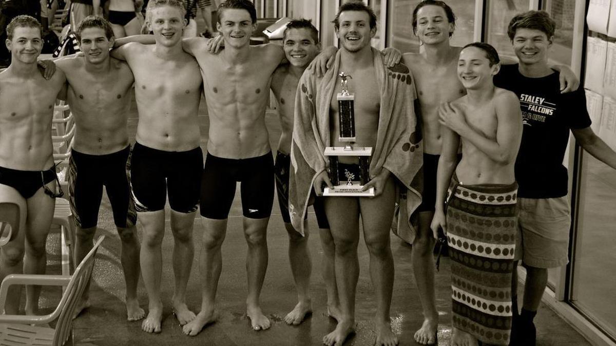 
The Staley High School boys swimming and diving team won the North Kansas City Invitational on Saturday. Members of the Falcons’ squad (left to right) Seth Johnson, Mitch Zarse, Jason Schlaud, Collin Duffy, Kyle Kimmel, Alex Gach, Jared Vawter and Jaxson Sherwood. Not pictured: Charlie Duffy and Alex Banning.
