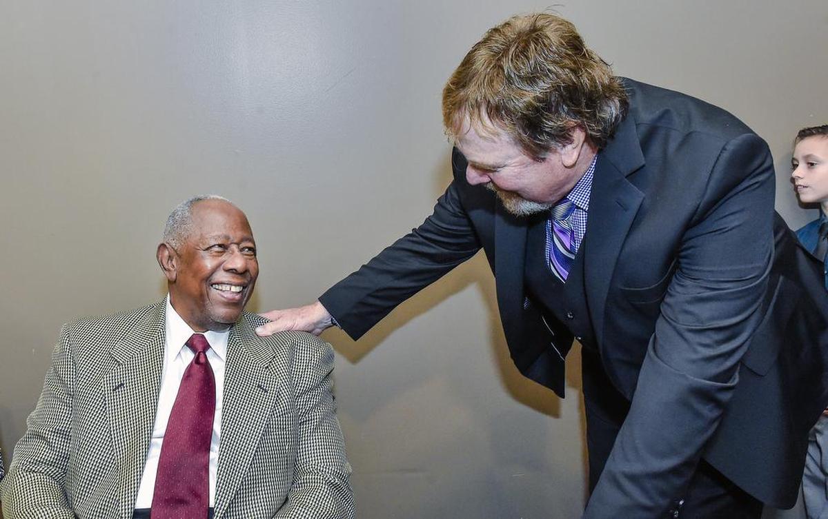 Hank Aaron talked to former Kansas City Royal, Al Fitzmorris, on Saturday, Nov. 7, 2015, at the Negro Leagues Baseball Museum’s 25th Anniversary Gala at the Grand Ballroom.