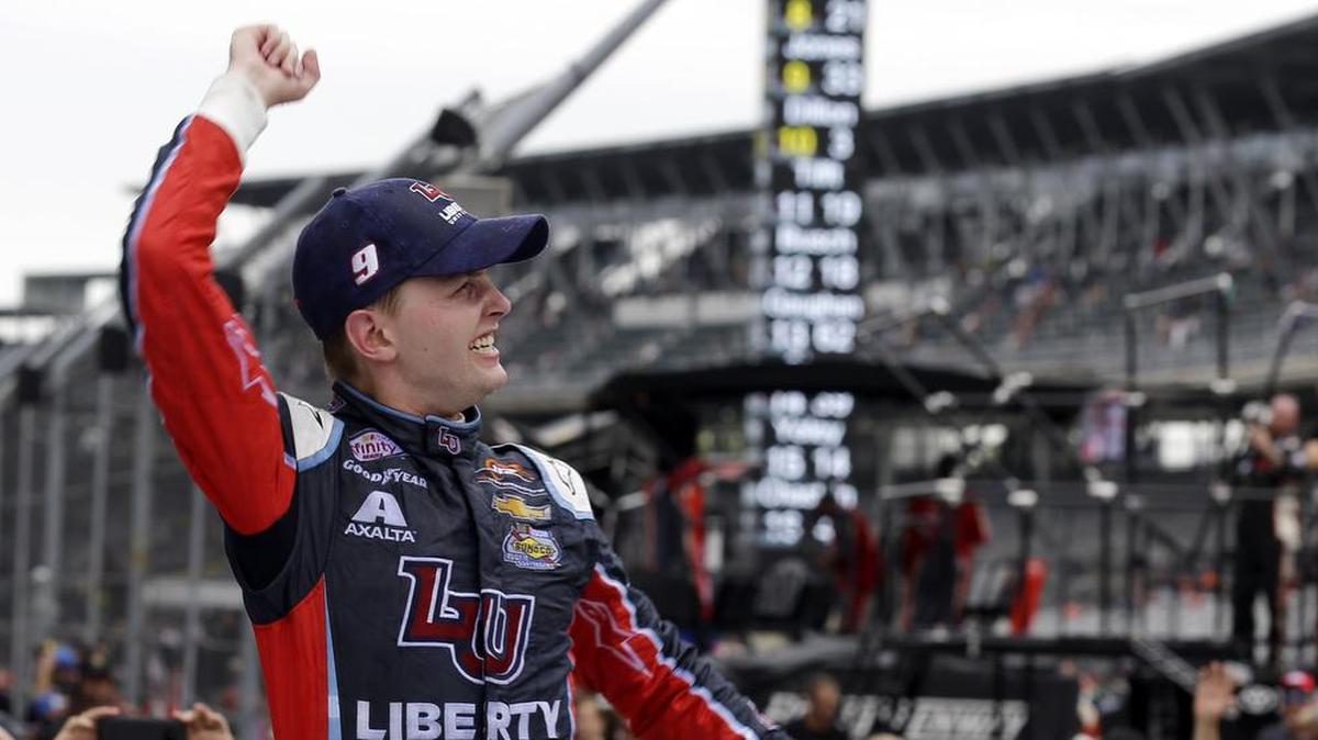William Byron got to celebrate a victory at the NASCAR Xfinity race at Indianapolis Motor Speedway in July.