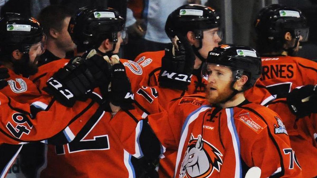 Mavericks forward Reed Seckel was congratulated by teammates on the bench after scoring a goal in the first period against the Quad City Mallards in Sunday afternoon’s ECHL playoff game at Silverstein Eye Centers Arena. Missouri won the game 2-1 and lead the series 2-0.