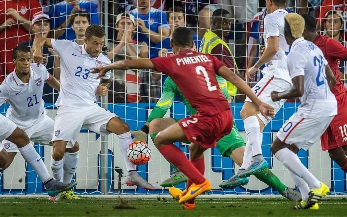 
Fabian Johnson (23) of the U.S. made a goal save during an attack by Panama in the first half during Monday’s Gold Cup soccer match at Sporting Park.
