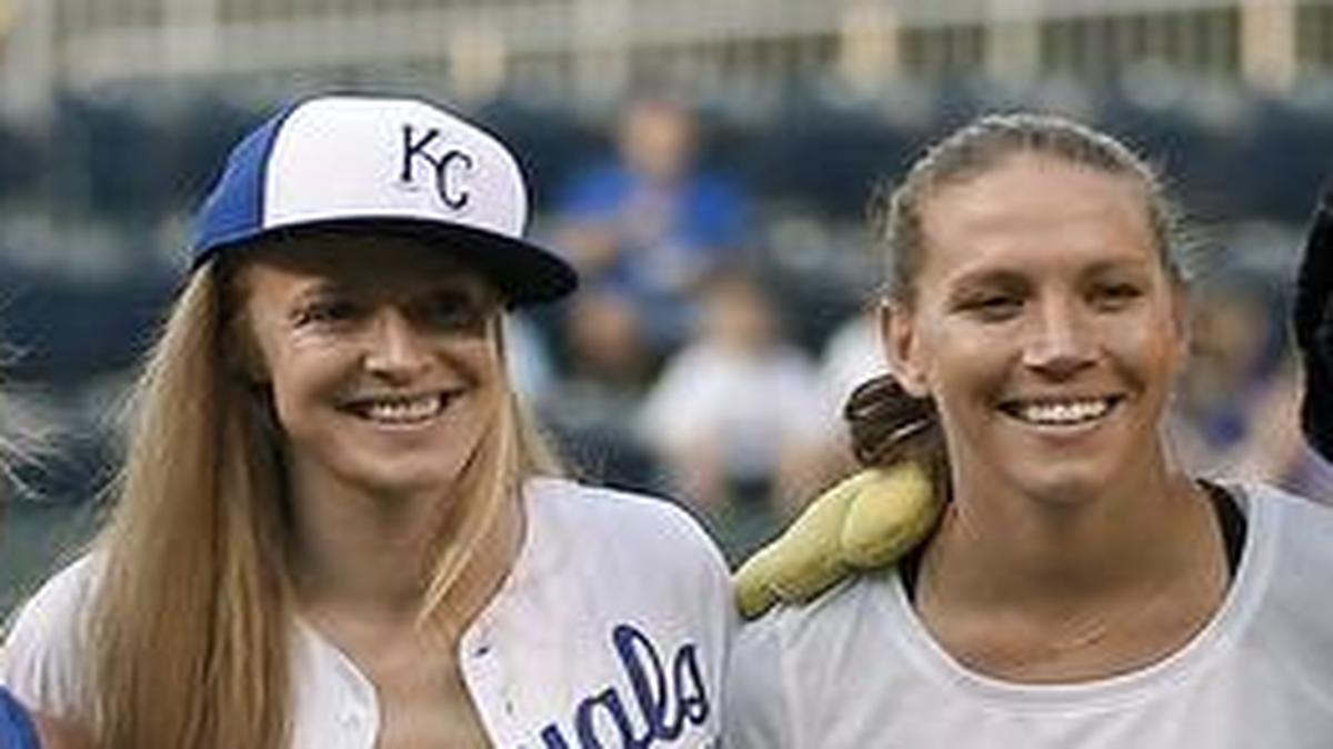 FC Kansas City team members (from left) Heather O’Reilly, Amy Rodriguez, Becky Sauerbrunn and Lauren Holiday — also members of the World Cup winning squad — posed with Kansas City Royals catcher Drew Butera and Sluggerrr for a first-pitch ceremony before the baseball game on August 26, 2015, at Kauffman Stadium.