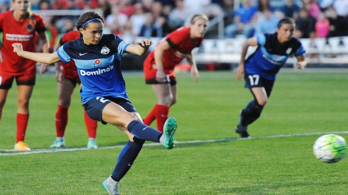 FC Kansas City forward Shea Groom, pictured taking a penalty kick against Portland Thorns on April 23, 2016, at Swope Soccer Village, scored her second goal of the season Saturday against Sky Blue in Piscataway, N.J.