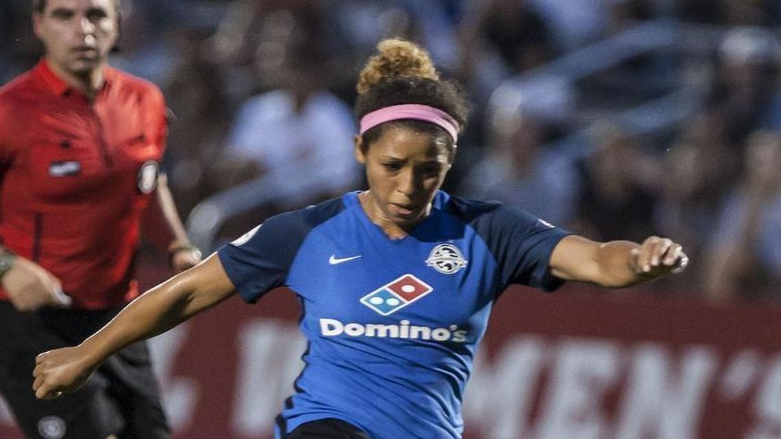 FC Kansas City’s Desiree Scott, here shown playing against North Carolina, stayed in the locker room during the National Anthem before the team’s game against the Seattle Reign on Sunday, September 24, 2017.