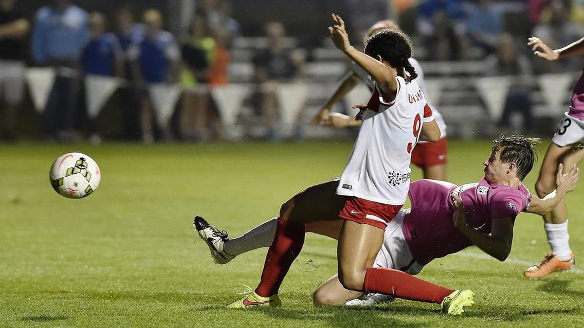 
FC Kansas City’s Amy LePeilbet (falling) took a shot on goal in the team’s May 14 match against the Western NY Flash at the Swope Soccer Village. LePeilbet was voted the team’s most valuable player for the 2015 season.
