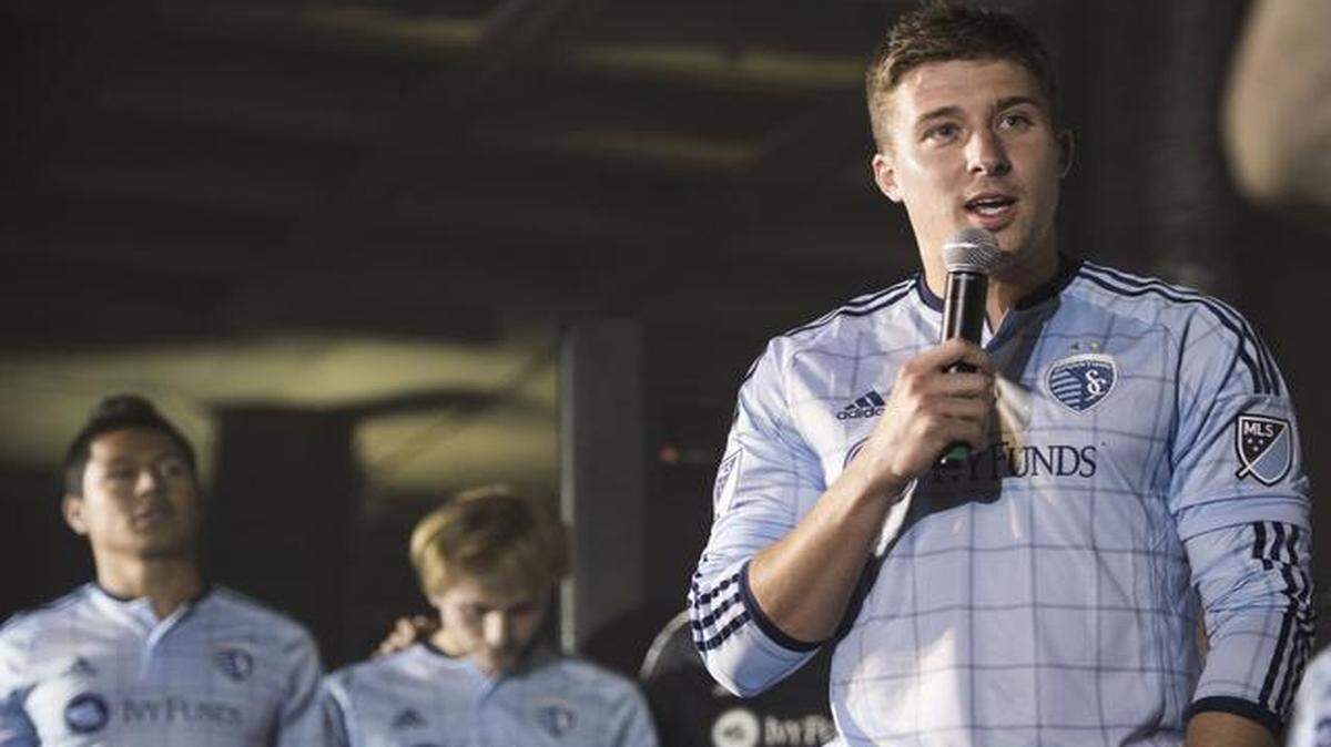 
Sporting Kansas City defender Matt Besler talked to the crowd about the upcoming season, which kicks off on Sunday at Sporting Park, during the unveiling of Sporting’s new primary jersey Wednesday night at the Uptown Shoppes.
