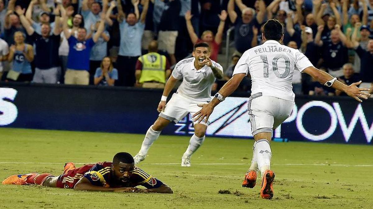 
Sporting Kansas City's Benny Feilhaber (front) looked to celebrate with a teammate after scoring a goal that gave his team a 2-1 lead Wednesday at Sporting Park on the way to a 3-1 win.

