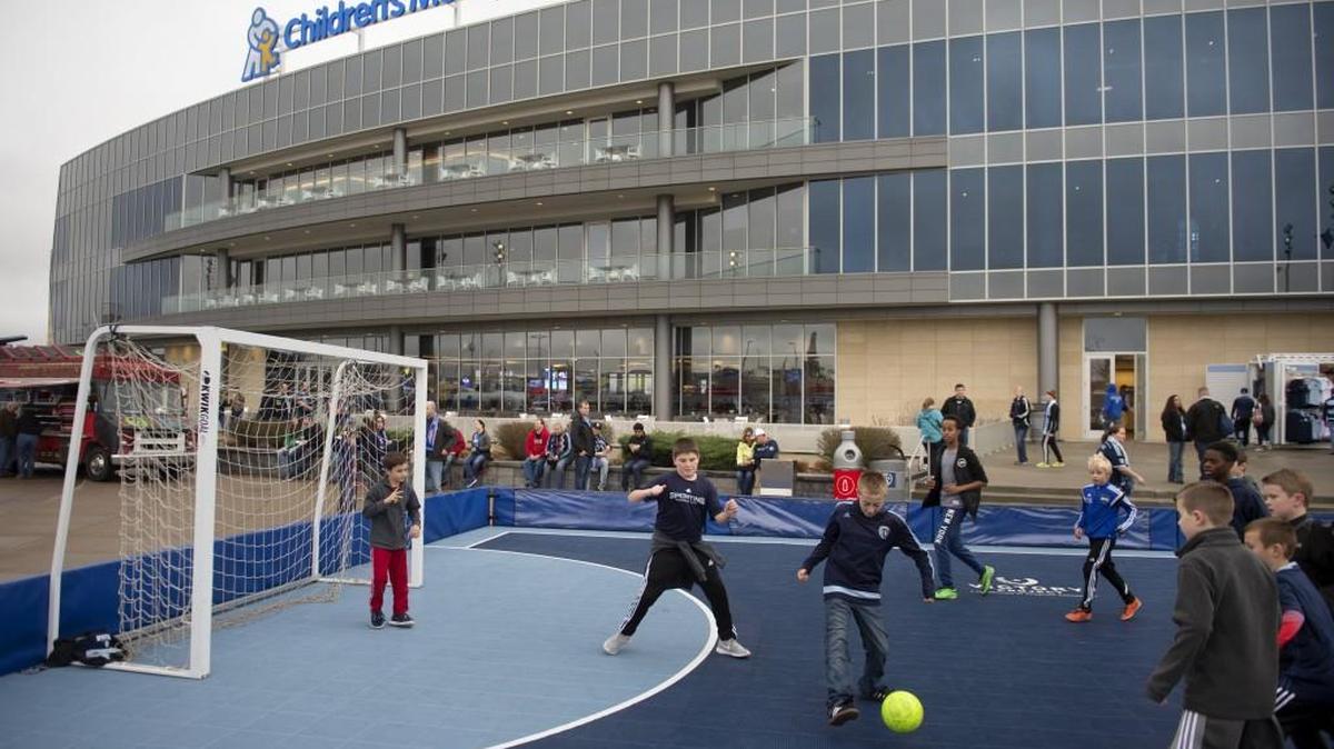 Kids played in front of the stadium before the start of a recent Sporting Kansas City match.