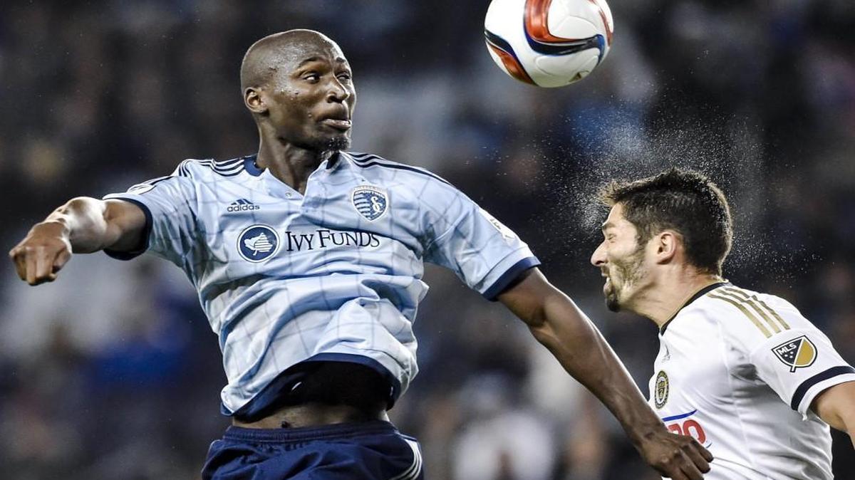 Sporting Kansas City defender Ike Opara (3) and Philadelphia Union defender Steven Vitoria (23) go up for a header on April 5, 2015, during the second half of the MLS soccer match at Sporting Park in Kansas City, Kan. Sporting KC won 3-2.
