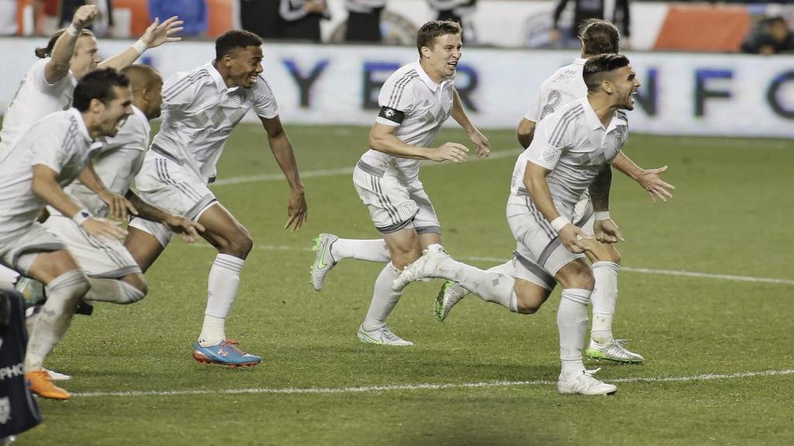 
Sporting Kansas City players celebrated after defeating the Philadelphia Union in penalty kicks on Wednesday night in Chester, Pa.
