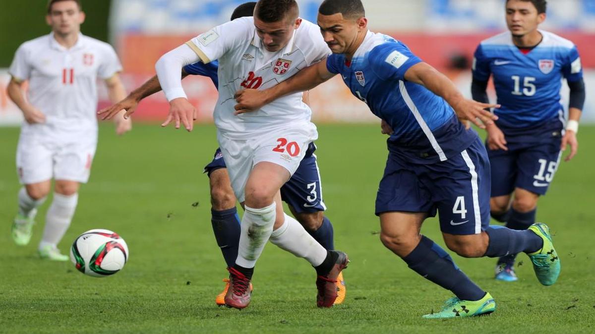 
Cameron Carter-Vickers (right) is the U.S. Under-23 National Team’s youngest player. He’ll join the rest of the team Thursday at Sporting Park. In June, he and Serbia’s Sergej Milinkovic fought for the ball in the U-20 soccer World Cup quarterfinal game in Auckland, New Zealand.
