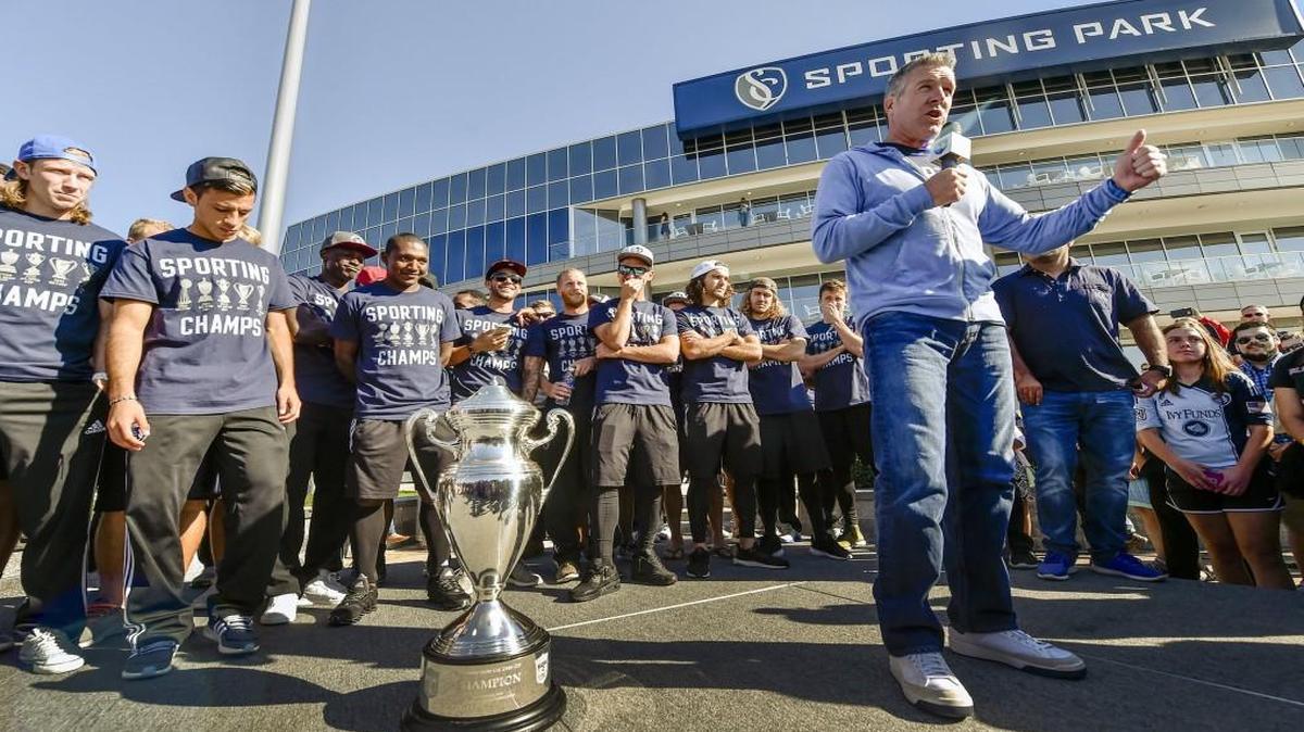 
Sporting Kansas City head coach Peter Vermes addressed the crowd on Thursday during a celebration for Sporting Kansas City’s victory in the U.S. Open Cup. The squad next plays Portland on Saturday night.
