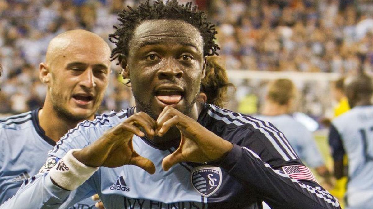
Kei Kamara shows his love to the fans after he scored a goal against Columbus in 2013. Kamara now plays for the Crew.
