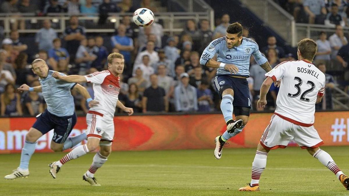 Sporting Kansas City’s Dom Dwyer headed a shot on goal during a game against D.C. United in May.