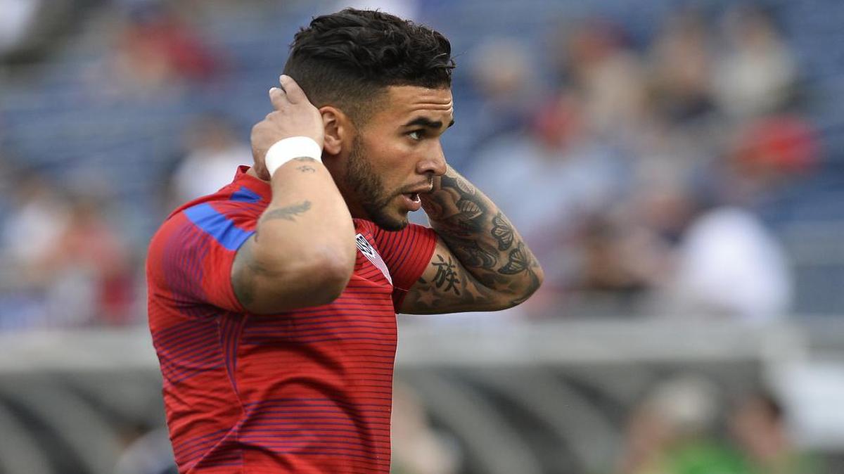 United States' Dom Dwyer on the field during an international friendly soccer match against Ghana at Pratt & Whitney Stadium at Rentschler Field on Saturday, July 1, 2017, in East Hartford, Conn.