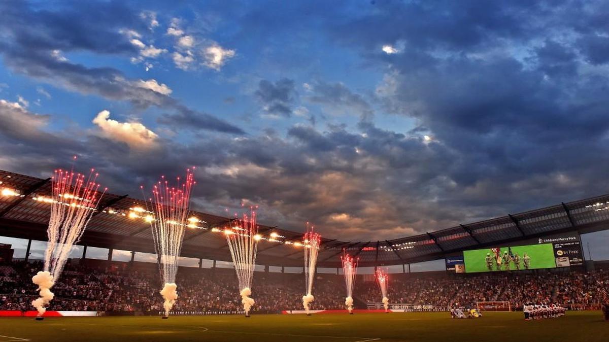 Fireworks erupt at the end of the National Anthem on Sept. 9, 2016 at Children’s Mercy Park in Kansas City, Kansas.