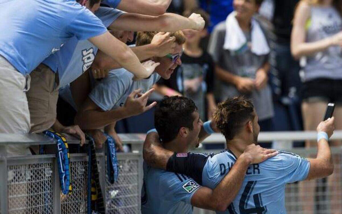 
Shortly after snapping this selfie with teammate Soony Saad (right), Sporting Kansas City’s Dominic Dwyer was shown a yellow card.
