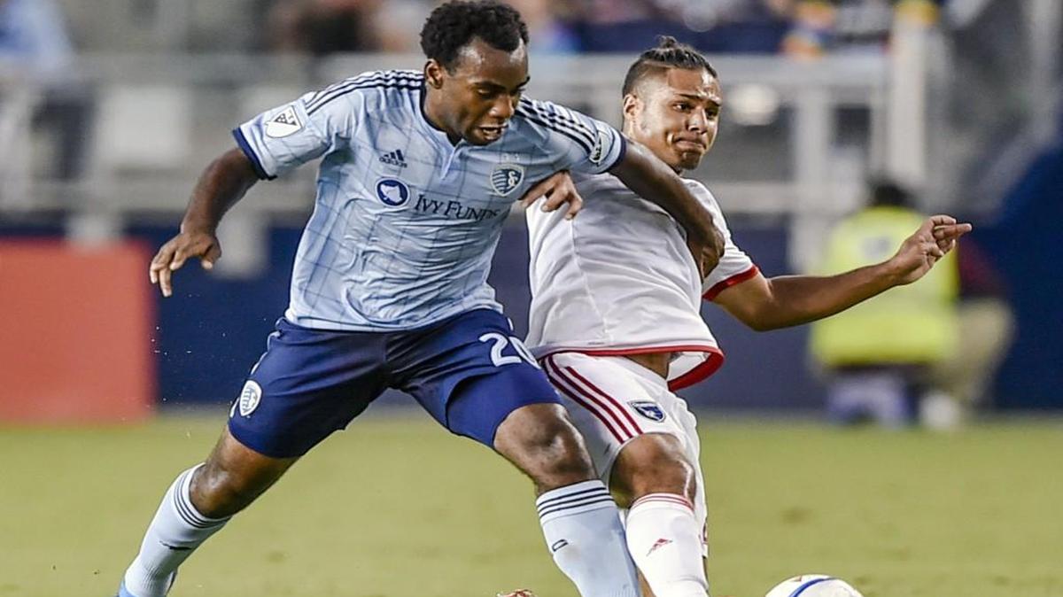 Amobi Okugo (left) stole the ball from San Jose Earthquakes forward Quincy Amarikwa during a game last summer.