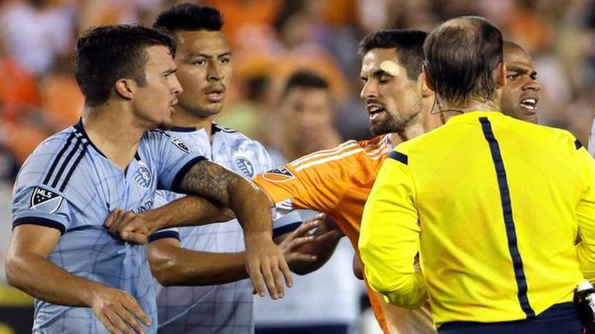 
Sporting Kansas City midfielder Servando Carrasco (far left) received a one-game suspension Wednesday for “violent conduct” during the club’s 4-4 draw with the Houston Dynamo on Saturday night. He will miss Sunday’s match against the Chicago Fire at Sporting Park. 
