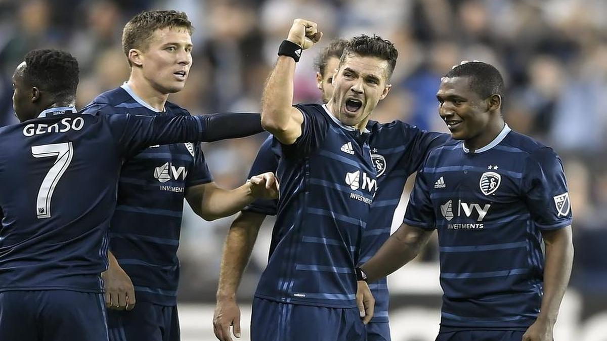 Sporting Kansas City midfielder Benny Feilhaber (10) celebrated his first half goal against the San Jose Earthquakes during MLS game action on March 18, 2017, at Children's Mercy Park in Kansas City, Kan.