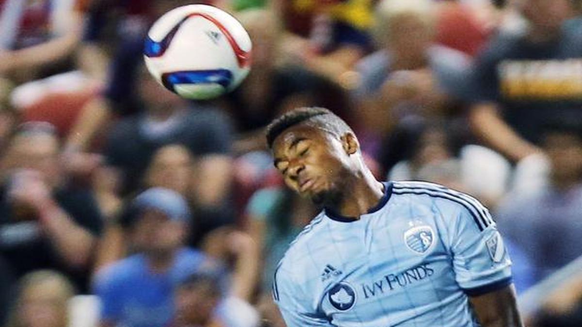 
Sporting Kansas City’s Saad Abdul-Salaam (17) headed the ball above Real Salt Lake’s Devon Sandoval in MLS action Friday night at Rio Tinto Stadium in Sandy, Utah. Real Salt Lake won the match 2-1.
