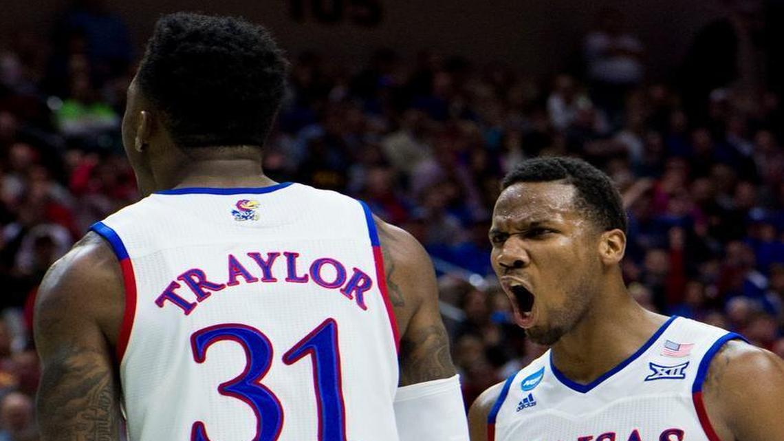 Jamari Traylor and Wayne Selden (right) are heading to the Sweet 16 with the rest of the Jayhawks after a 73-61 win over Connecticut on Saturday.
