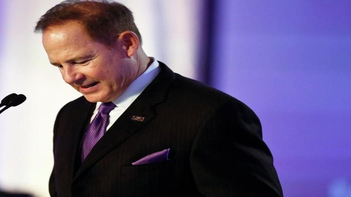 LSU coach Les Miles speaks to the media at the Southeastern Conference NCAA college football media days Thursday.