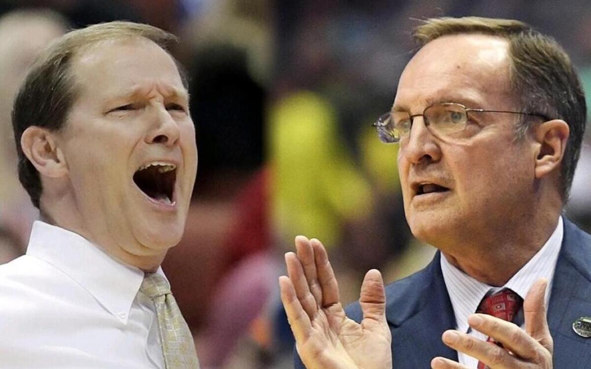 Former K-State coaches Dana Altman (left) and Lon Kruger square off in Saturday’s West Region final, leading Oregon and Oklahoma, respectively.