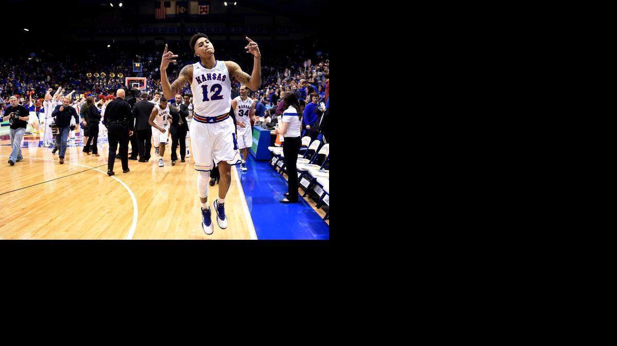 
KU's Kelly Oubre danced off the court after the Jayhawks rallied late to beat Texas, 69-64 on Saturday evening at Allen Fieldhouse.
