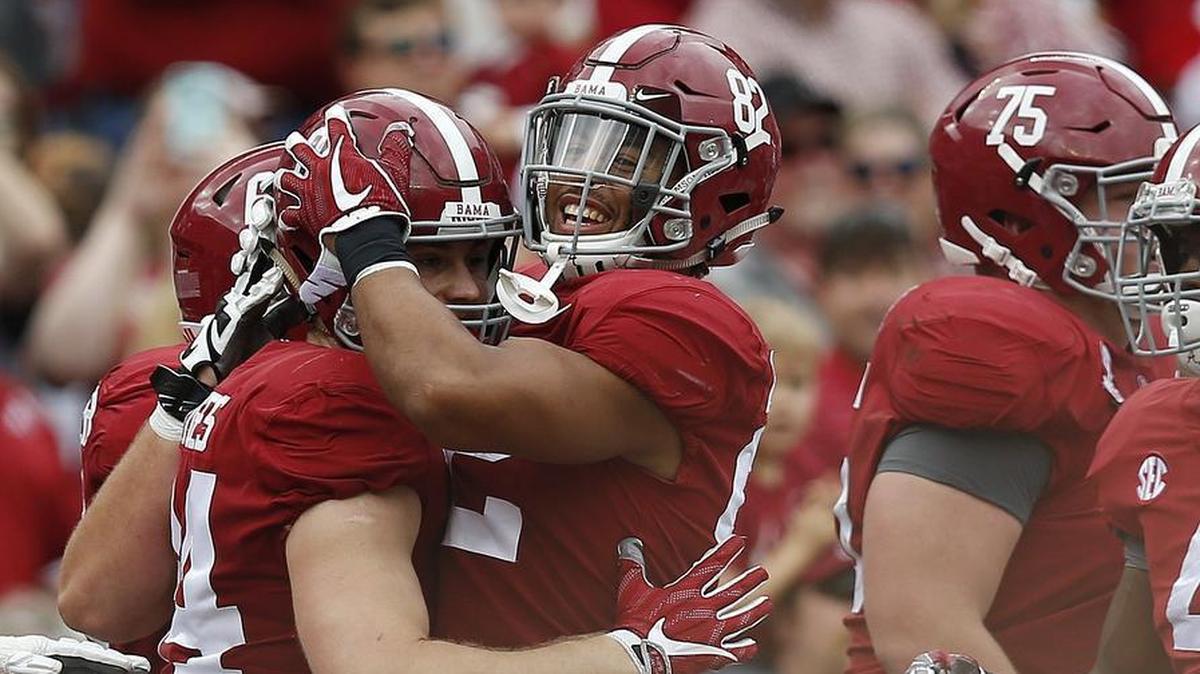 Alabama tight end Hale Hentges, left, celebrates with Irv Smith Jr. after scoring a touchdown during the first half of a victory over Mercer on Nov. 18, 2017, in Tuscaloosa, Ala.