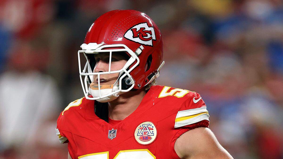 Linebacker Cooper McDonald of the Kansas City Chiefs in action during the game against the Detroit Lions at Arrowhead Stadium on Oct. 12, 2025 in Kansas City, Missouri.