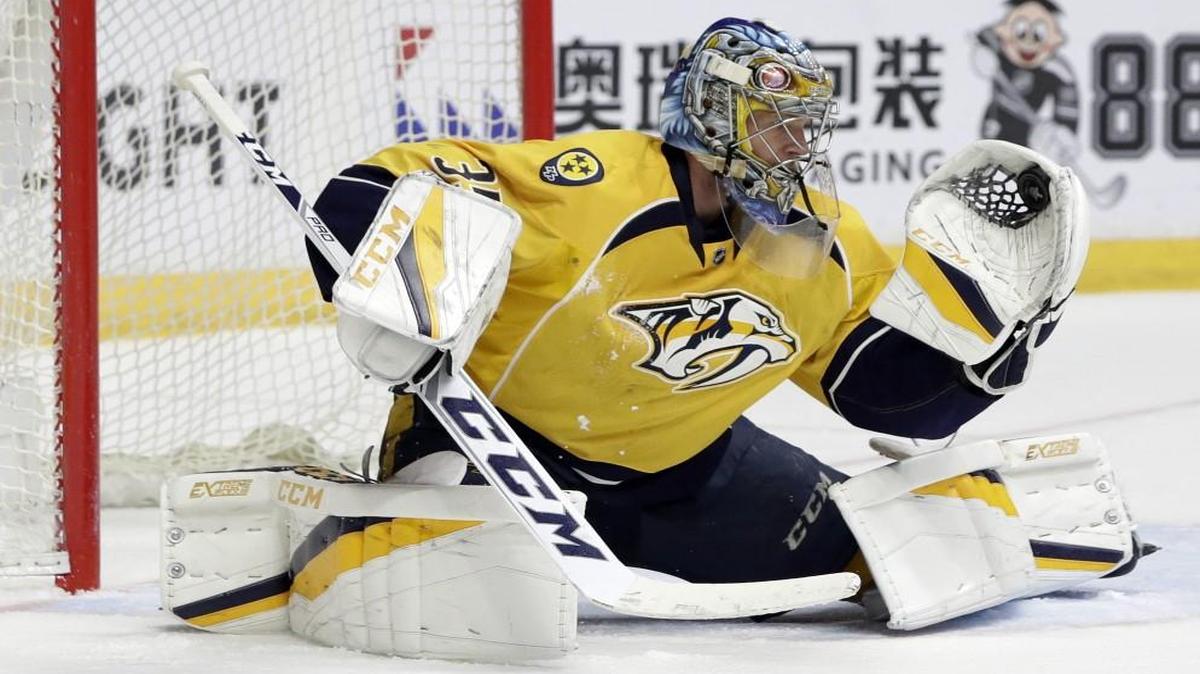 Nashville Predators goalie Pekka Rinne saved a Chicago Blackhawks shot during the third period in Game 4 on Thursday.