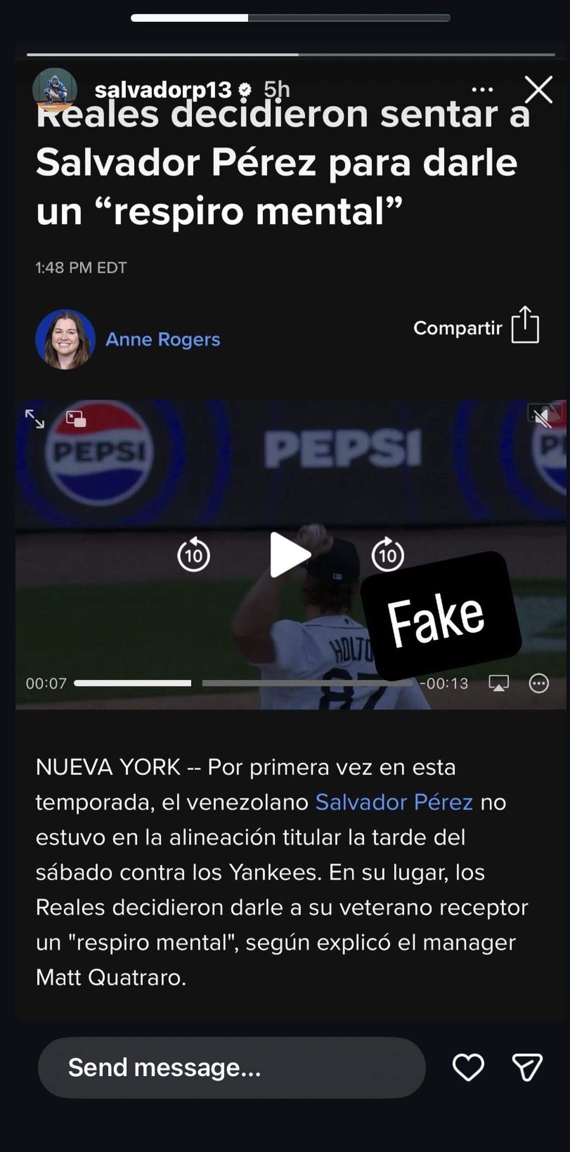 Royals catcher Salvador Perez said it was “fake” that he could use a mental break.