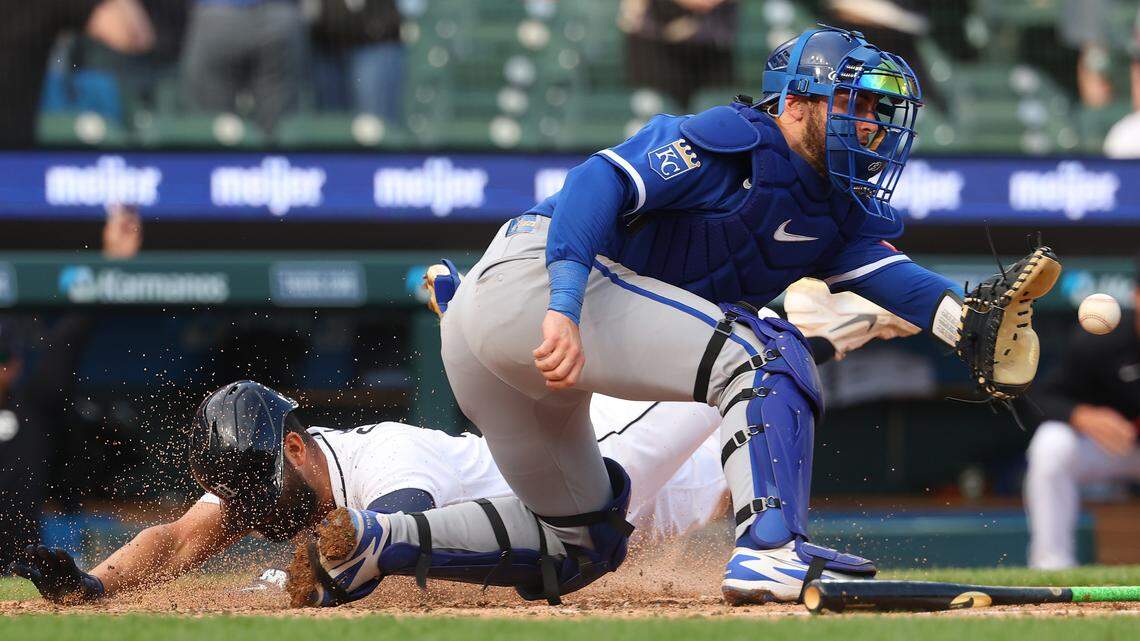 The Tigers’ Riley Greene beats the throw to Carter Jensen to score the game winning run in the ninth inning for a 10-9 win over the Royals at Comerica Park on Thursday.