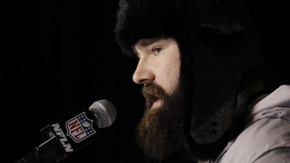 Philadelphia Eagles center Jason Kelce wore a winter hat as he answered questions during a media availability for Super Bowl LII last Tuesday.